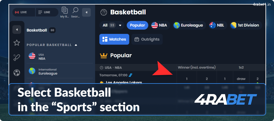 Select Basketball in the 4rabet “Sports” section