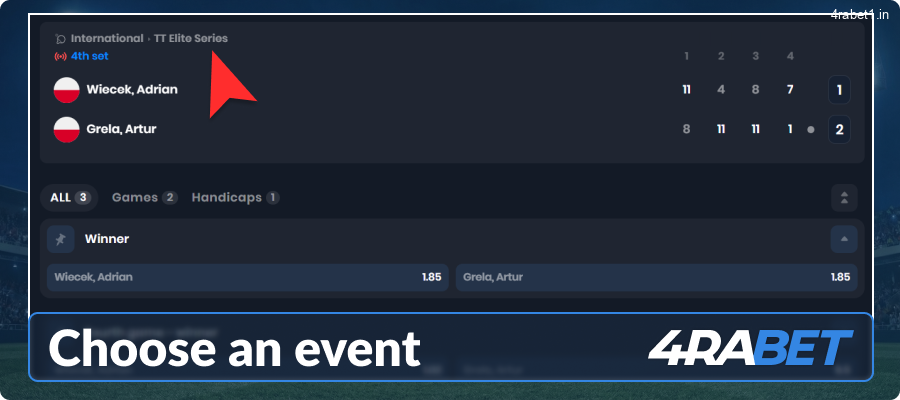 Select a table tennis competition at 4rabet IN